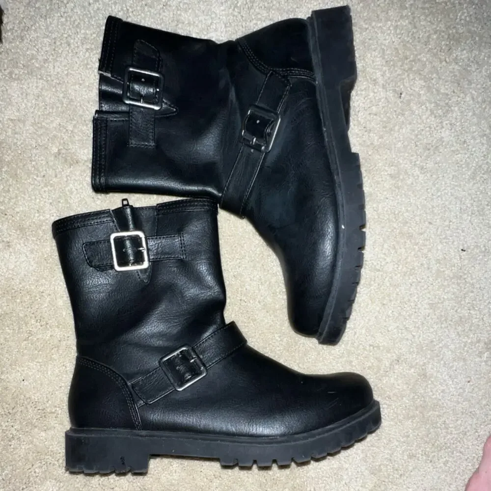 Lands' End Girls Black Buckle Zip Mid-Calf Bootie Round Toe Flat‎ Heel 4M